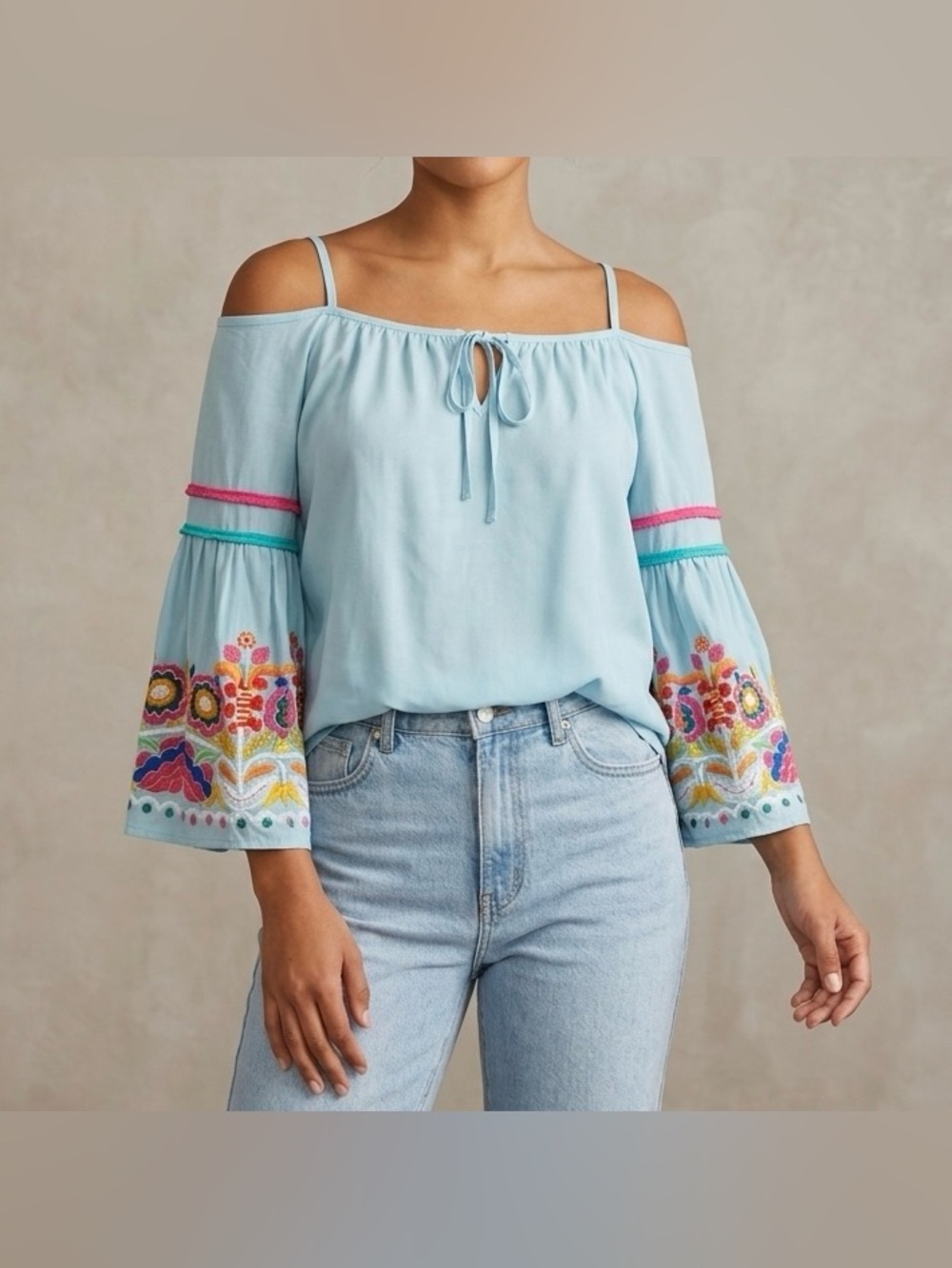 VaVa by Joy Han Blue Teal Embroidered Cold Shoulder Bell Sleeve Boho Blouse M